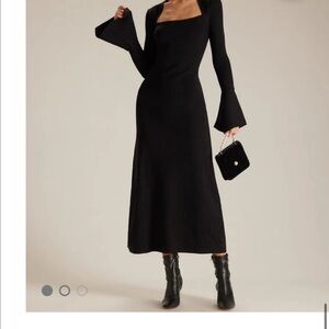 The Black Square Neck Flare Sleeve Midi Dress